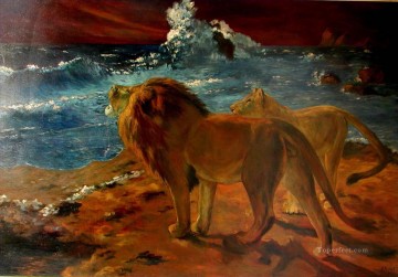 leones en la playa Pinturas al óleo